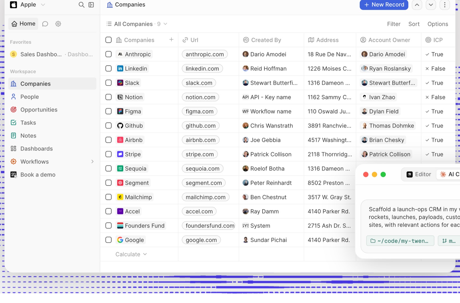 Twenty CRM mit Tabellenansicht der Firmen
